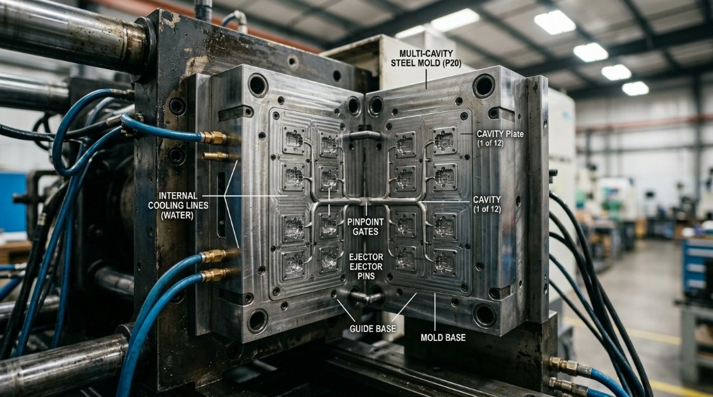 A diagram of a multi-cavity plastic injection mold system with clear labels for runners, gates, and cooling lines, styled in a professional technical 3D render.
