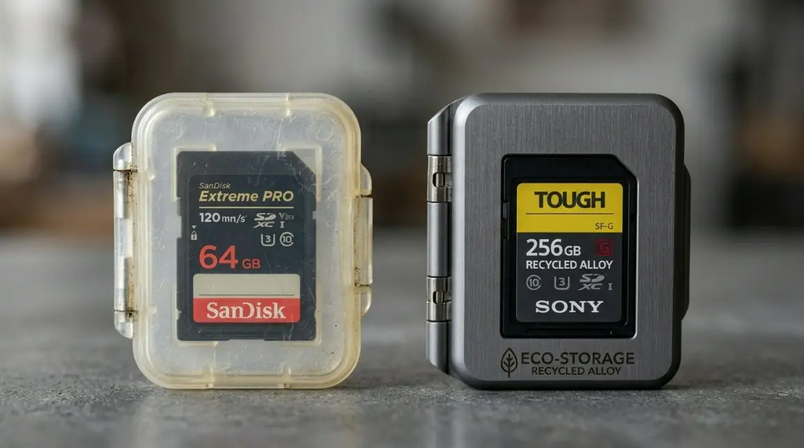 A high-contrast comparison photo of a traditional plastic card case next to a modern sustainable eco-alloy memory card case.
